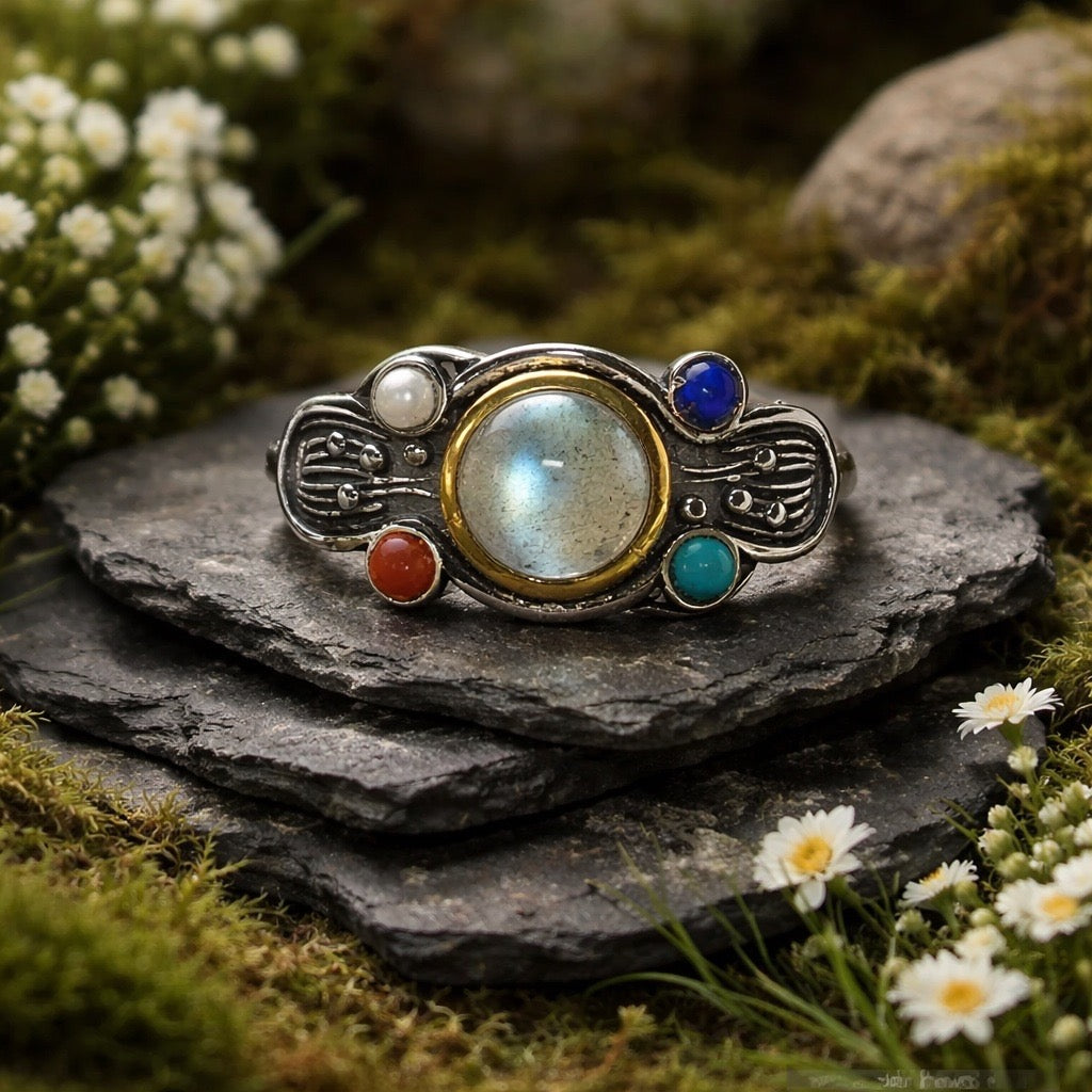 Multi Gemstone Ring with Labradorite, Pearl, Lapis & Coral • 925 Sterling Silver • Adjustable • Gift Box