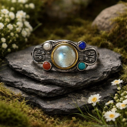 Multi Gemstone Ring with Labradorite, Pearl, Lapis & Coral • 925 Sterling Silver • Adjustable • Gift Box