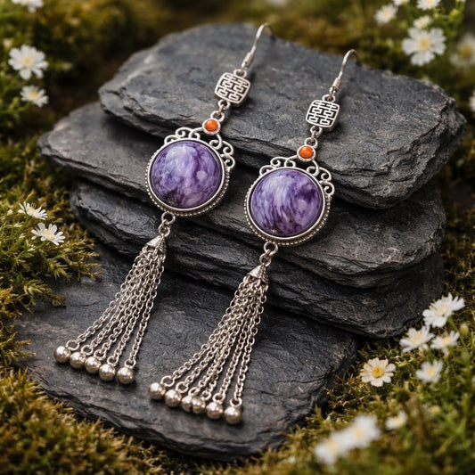 Charoite Dropper Earrings with Tassels • 925 Sterling Silver • Gift Box