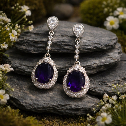 Amethyst Dangle Earrings with CZ Gemstones • 925 Sterling Silver • Gift Box