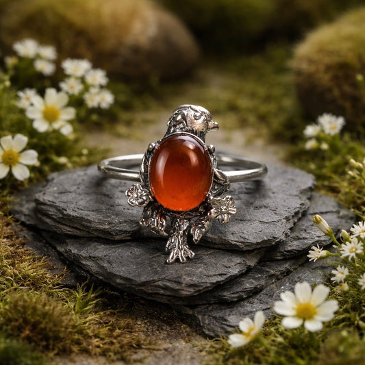 Bird Ring with Garnet Gemstone • Adjustable 925 Sterling Silver with Gift Box