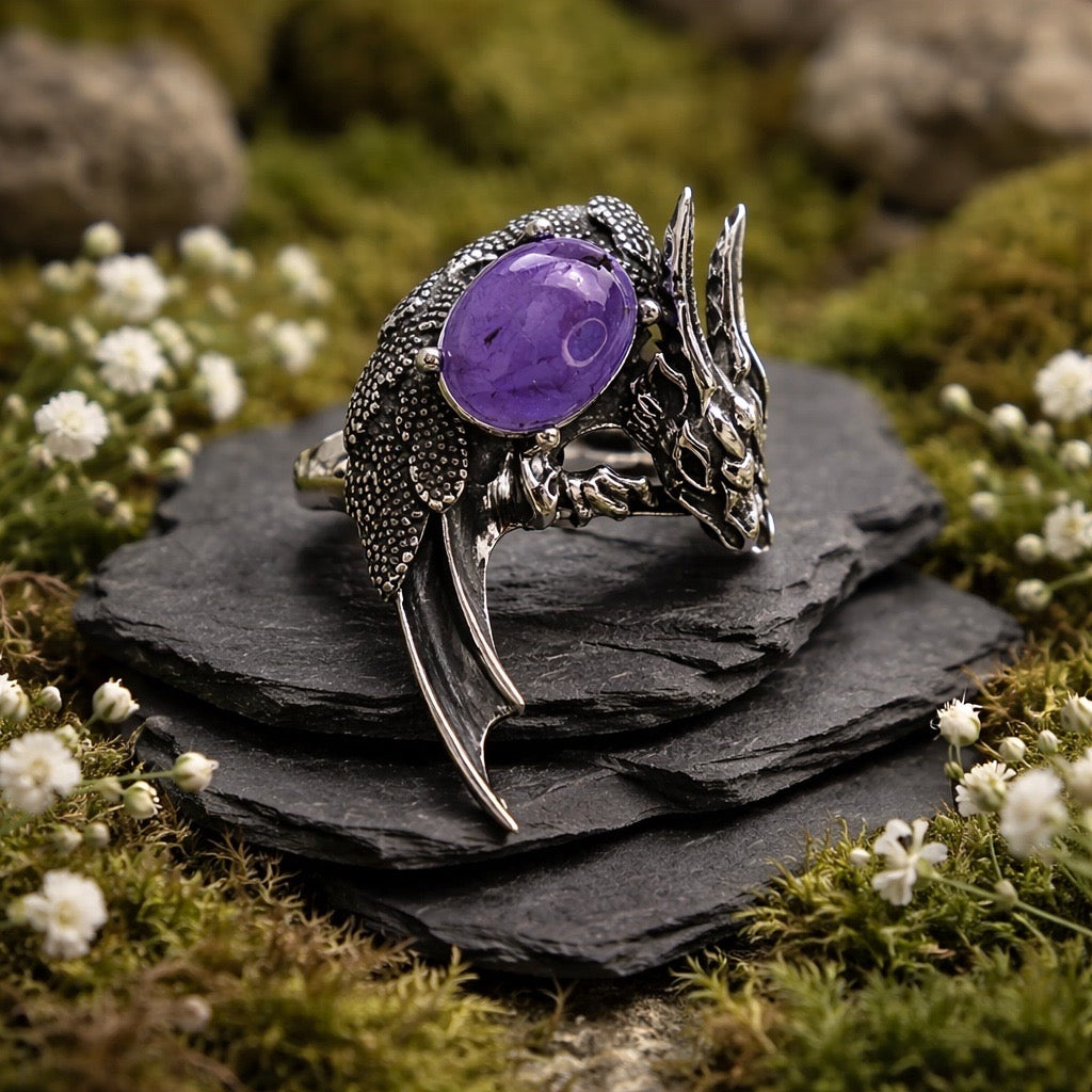 Dragon Ring with Amethyst • 925 Sterling Silver • Goth Witch Jewellery • Adjustable • Gift Box