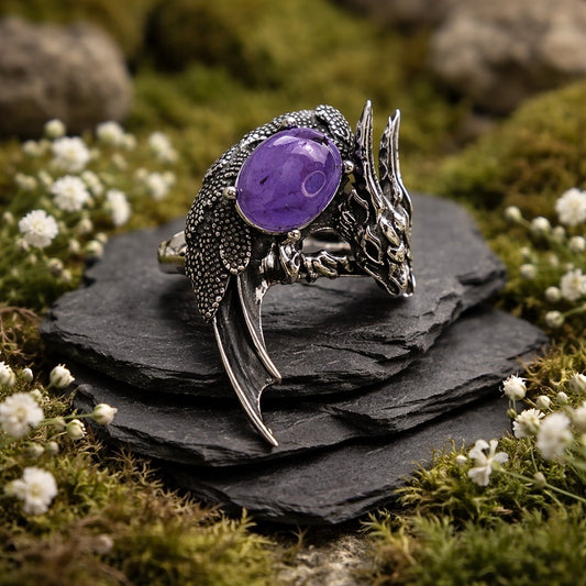 Dragon Ring with Amethyst • 925 Sterling Silver • Goth Witch Jewellery • Adjustable • Gift Box