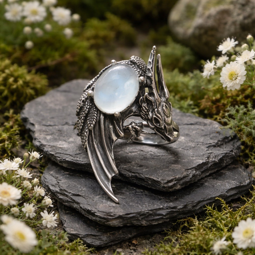 Dragon Ring with Rainbow Moonstone Gemstone • 925 Sterling Silver • Adjustable Size • Gift Box