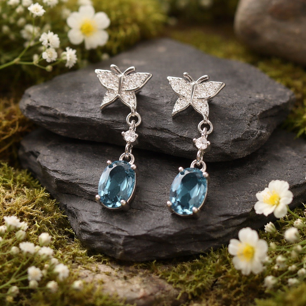 Butterfly Dropper Earrings with Blue Topaz Gemstones & CZ • 925 Sterling Silver • Gift Box
