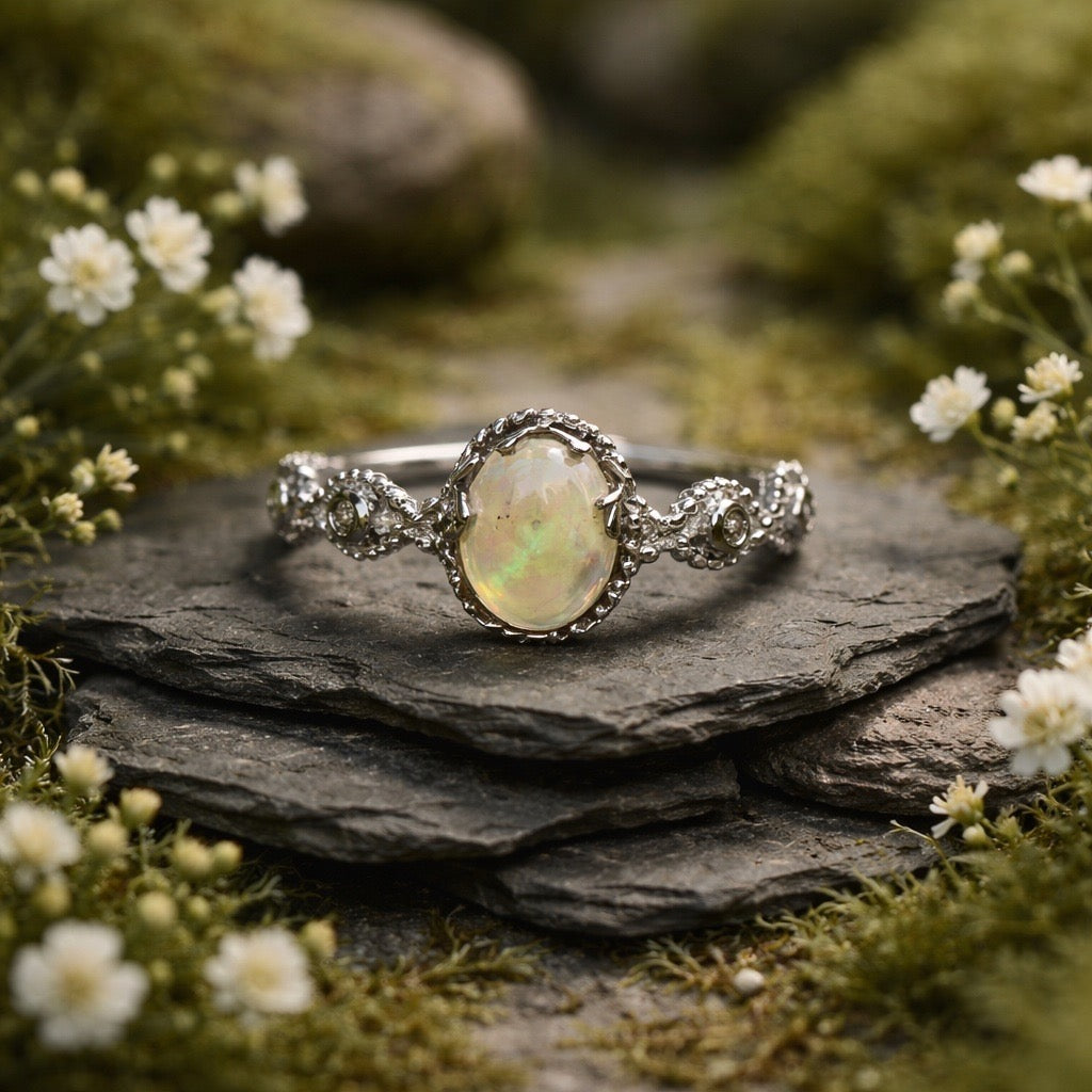 Infinity Design Ring with Rainbow Opal Gemstone • 925 Sterling Silver • Adjustable • Gift Box