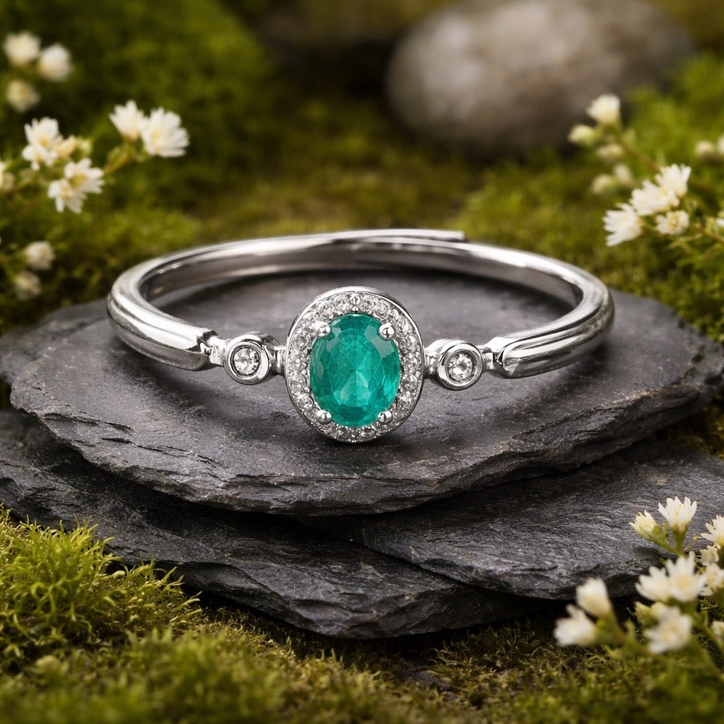 Dainty Stacking Ring with Emerald Gemstone & CZ Accents • 925 Sterling Silver • Adjustable • Gift Box
