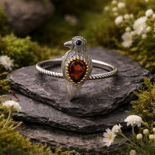 Dainty Bird Ring With Garnet Gemstone • 925 Sterling Silver • Adjustable with Gift Box