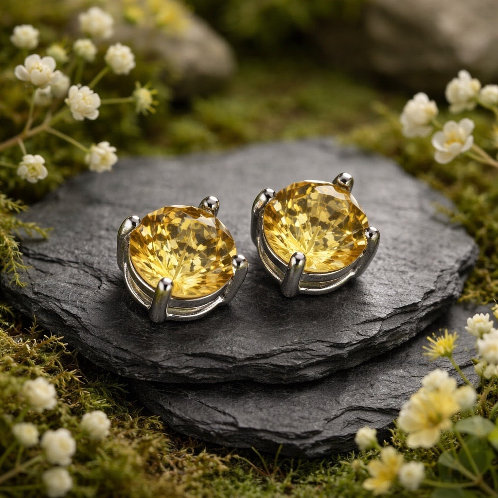 Natural Stone Stud Earrings with Faceted Citrine Gemstone• 925 Sterling Silver • Gift Box