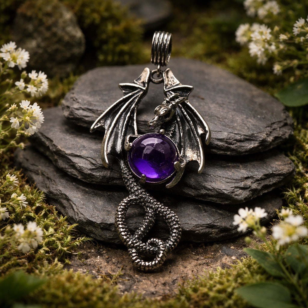 Dragon Pendant with Amethyst Gemstone • 925 Sterling Silver • Gift Box