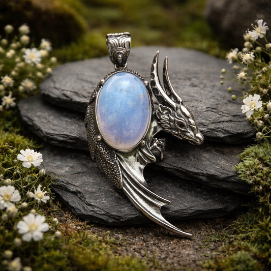 Large Dragon Pendant with Rainbow Moonstone Gemstone • 925 Sterling Silver • Gift Box