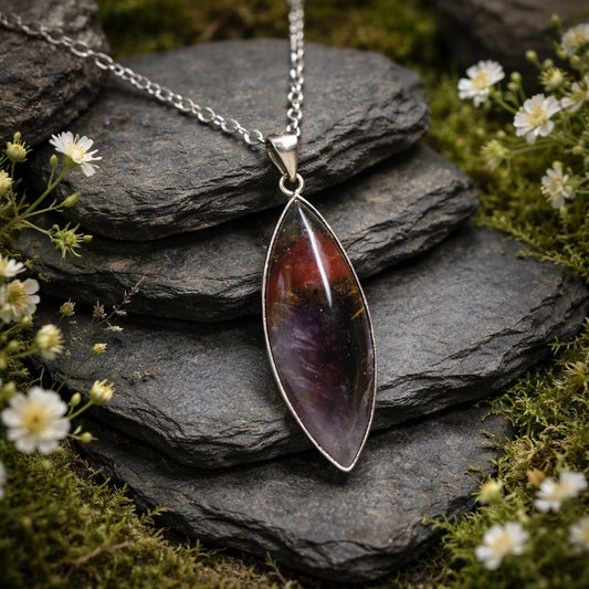 925 Silver Cacoxenite Amethyst Pendant • Marquise Cut • With Gift box