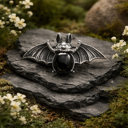 Bat Ring with Hypersthene Gemstone • 925 Sterling Silver • Adjustable • Gift box