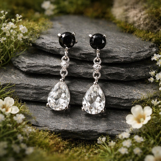 Clear Quartz Dropper Earrings with Black Spinel • 925 Sterling Silver • Gift Box