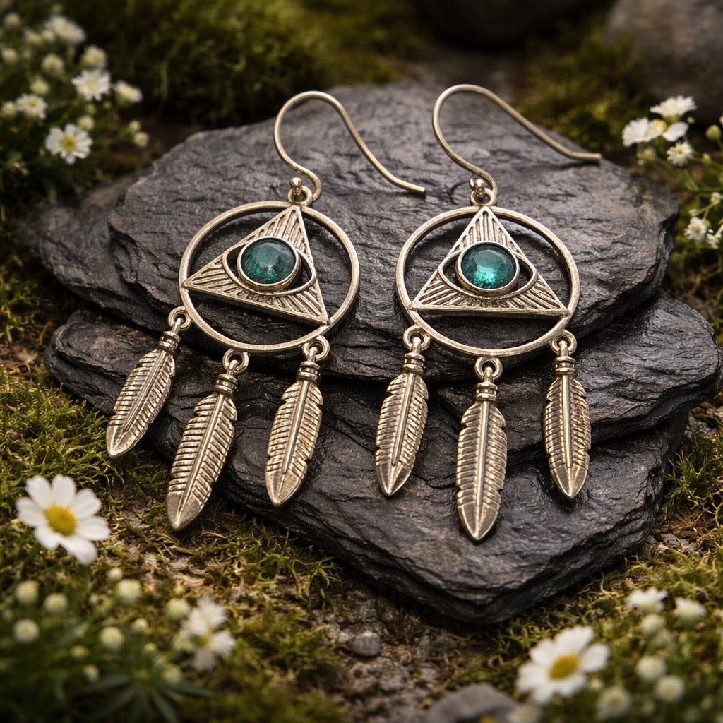 Evil Eye Dreamcatcher Earrings with Blue Topaz Gemstones • 925 Sterling Silver • Gift Box