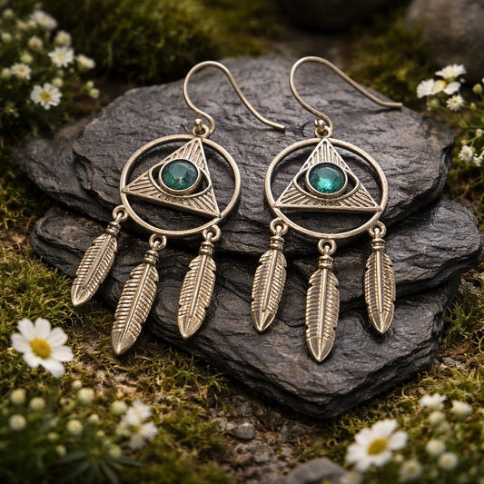 Evil Eye Dreamcatcher Earrings with Blue Topaz Gemstones • 925 Sterling Silver • Gift Box