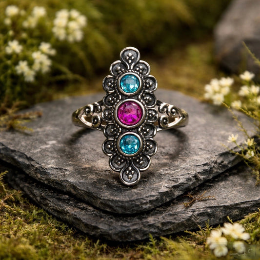 Ornate Triple Gemstone Ring with Topaz • 925 Sterling Silver • Adjustable • Gift Box