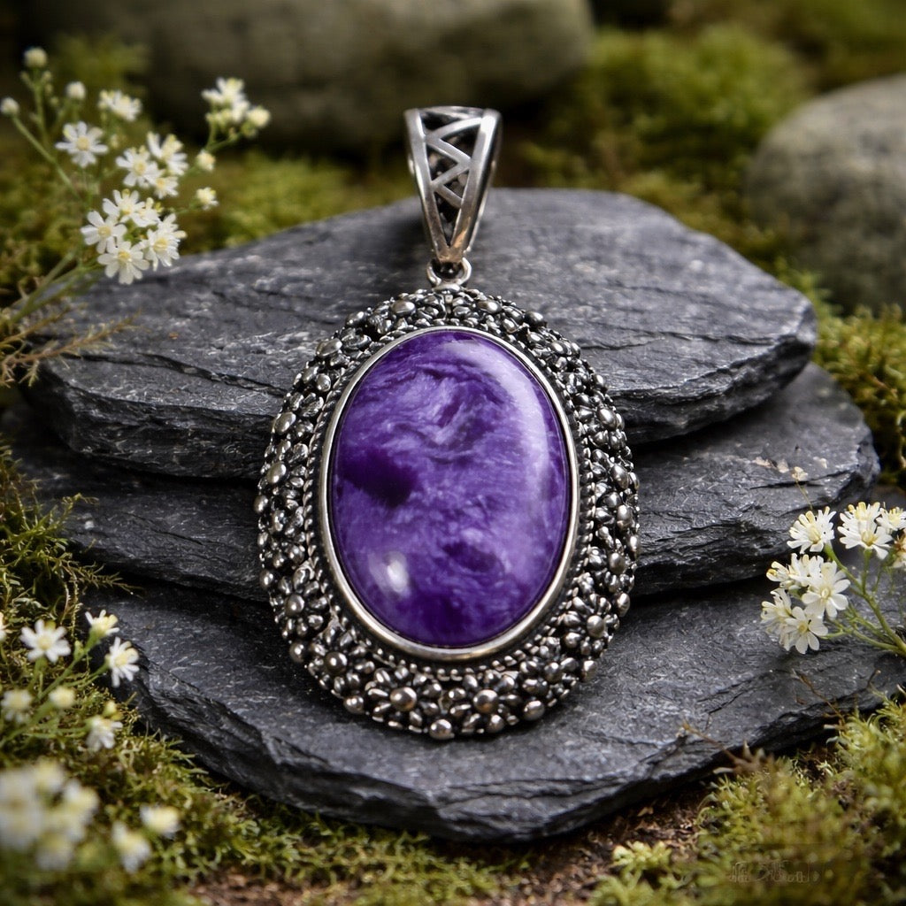 Large Floral Pendant with Charoite Gemstone • 925 Sterling Silver • Gift Box