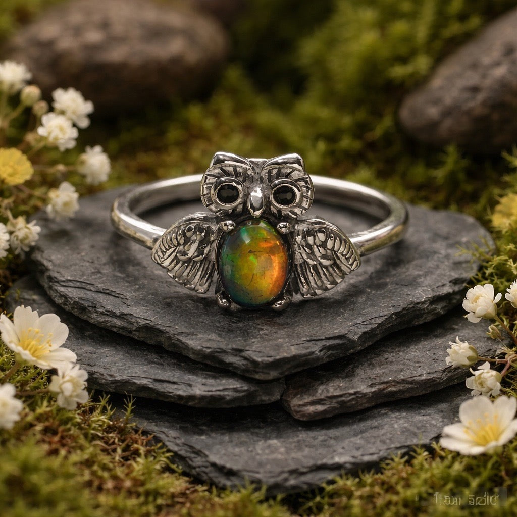 Owl Ring With Black Opal Gemstone • 925 Sterling Silver • Adjustable with Gift Box