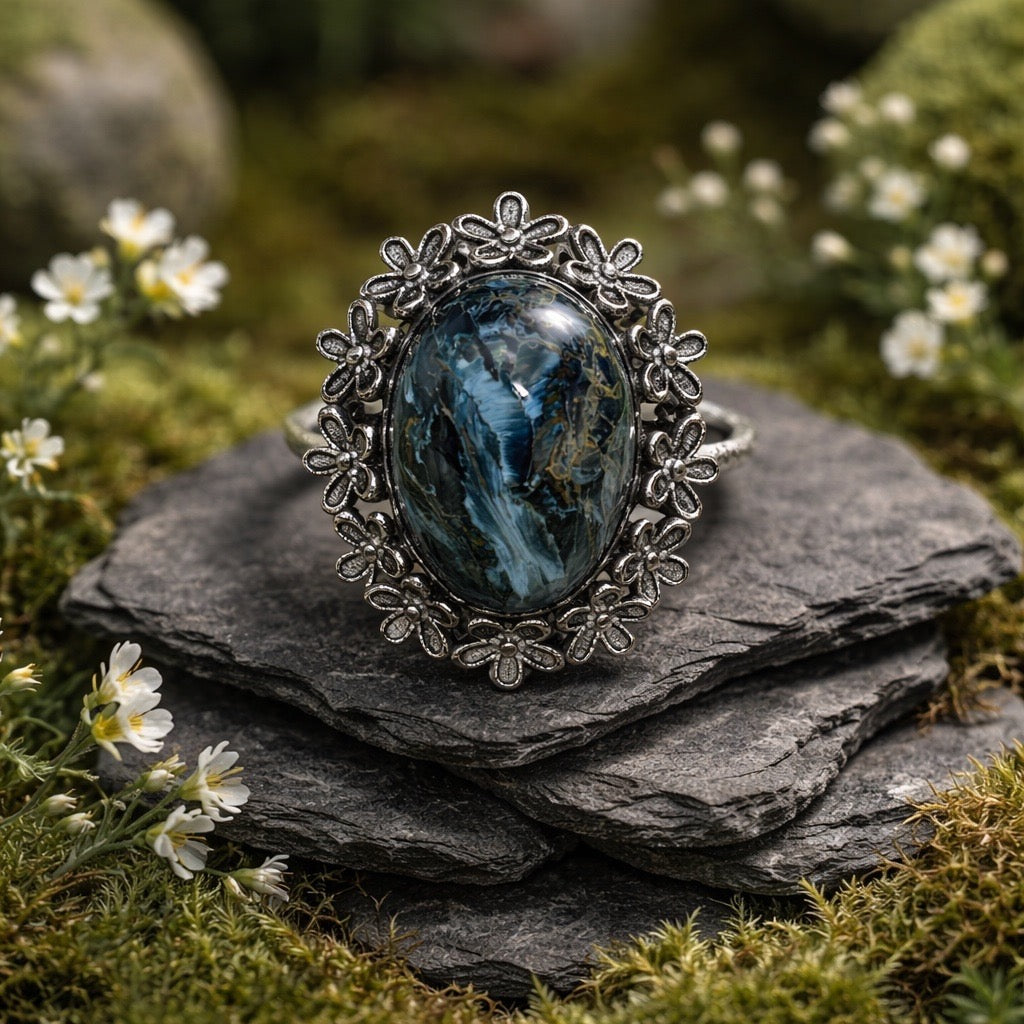 Pietersite Ring - 925 Sterling Silver - Oxidised Floral Design - Adjustable - With Gift Box