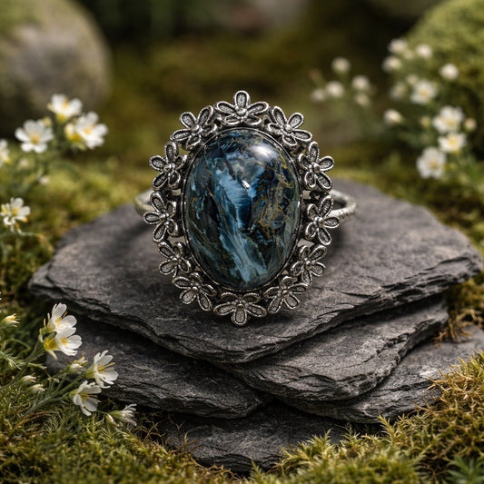 Pietersite Ring - 925 Sterling Silver - Oxidised Floral Design - Adjustable - With Gift Box