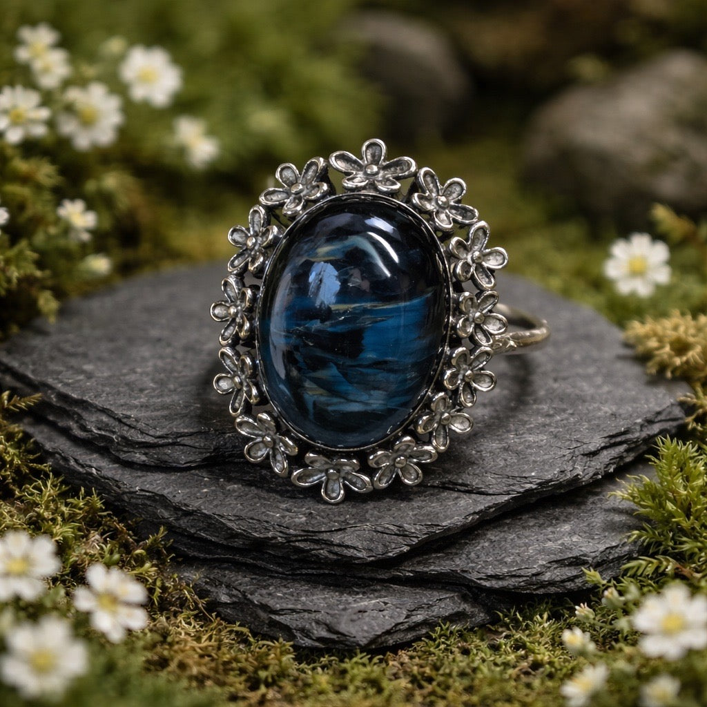 Pietersite Ring - 925 Sterling Silver - Oxidised Floral Design - Adjustable - With Gift Box
