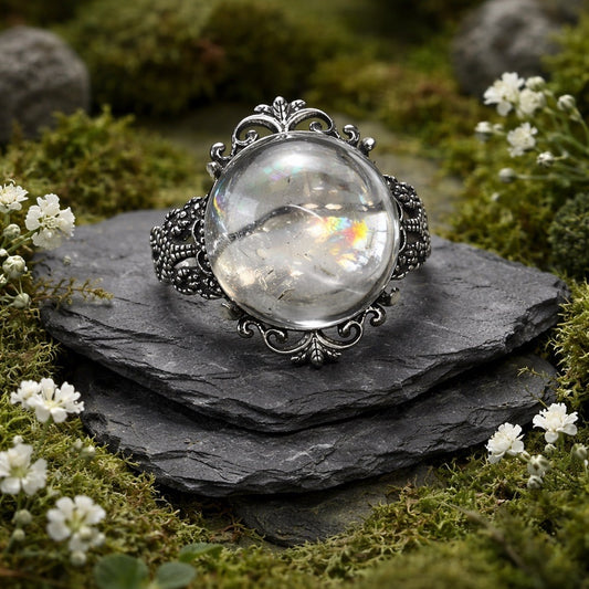 Clear Quartz Ring with Rainbows • Ornate Fleur-de-Lis Style Setting • 925 Sterling Silver with Gift Box