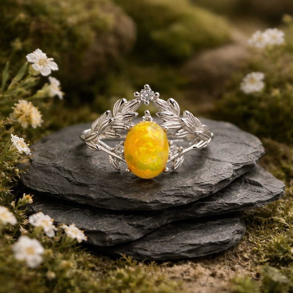 Leaf Ring with Opal Gemstone & CZ Accents • 925 Sterling Silver • Adjustable • Gift Box
