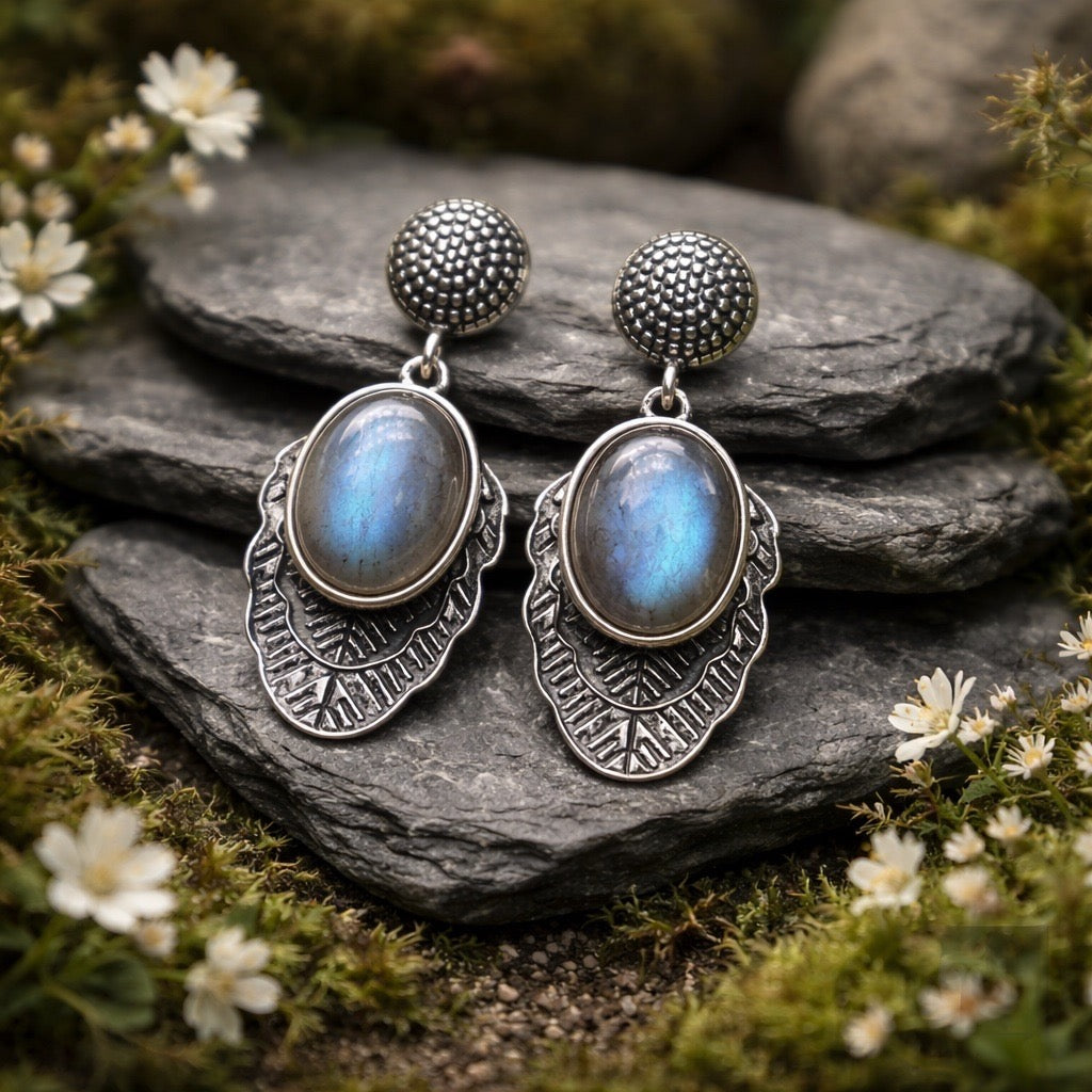 Leaf Earrings with Labradorite Gemstones • 925 Sterling Silver • Gift Box