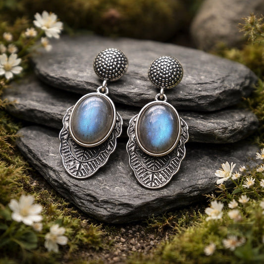 Leaf Earrings with Labradorite Gemstones • 925 Sterling Silver • Gift Box