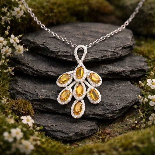 Leaf Pendant with Citrine Gemstones • 925 Sterling Silver • CZ Accents • Gift Box