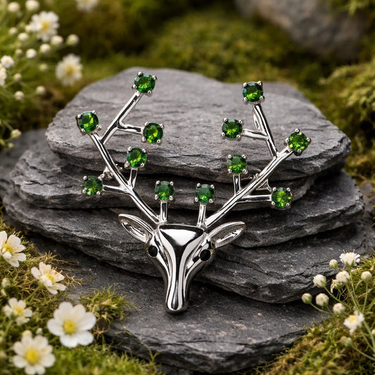 Stag Brooch with Diopside Gemstones • 925 Sterling Silver • Gift Box