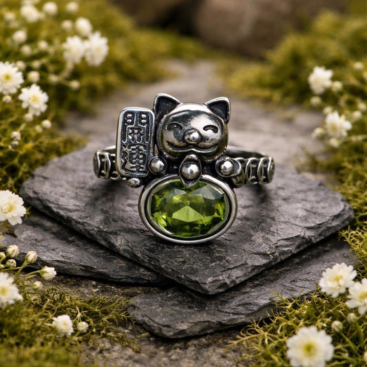 Waving Fortune Cat Ring with Faceted  Peridot Gemstones • 925 Sterling Silver Talisman • Adjustable • Gift Box