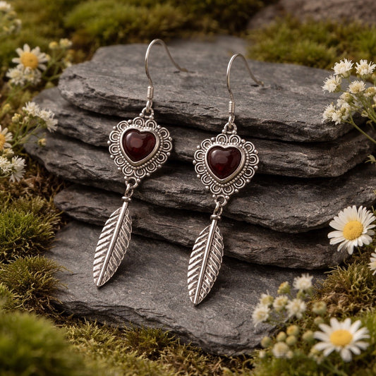 Garnet Heart Earrings with Feather Droppers • 925 Sterling Silver • Gift Box