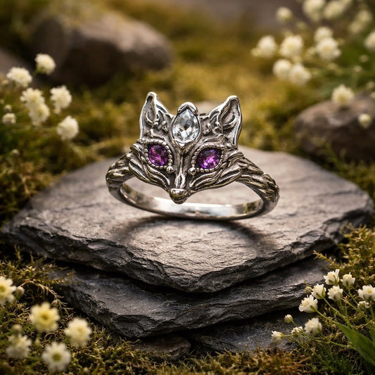 Fox Ring with Garnet & CZ Gemstones • 925 Sterling Silver • Adjustable • Gift box