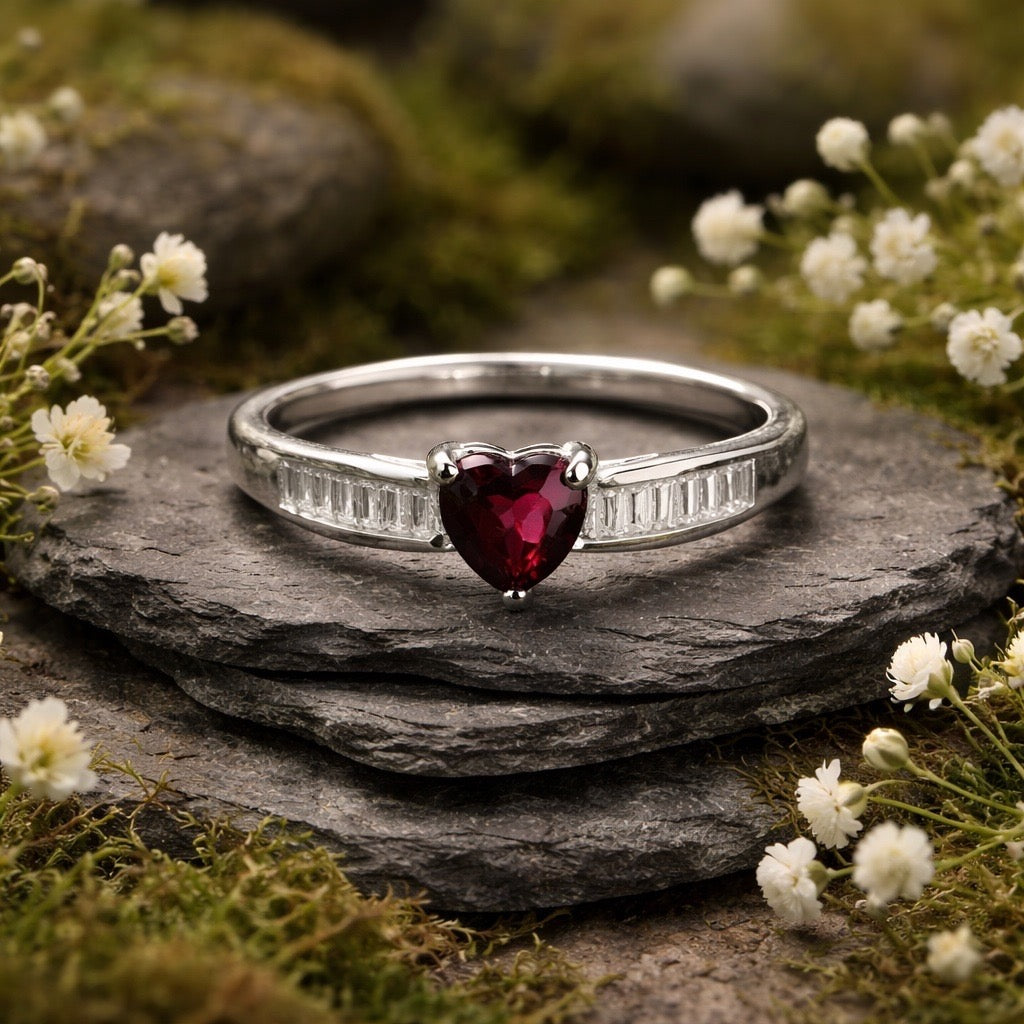 Crystal Heart Ring with Garnet & CZ Accents • 925 Sterling Silver • Adjustable • Giftbox