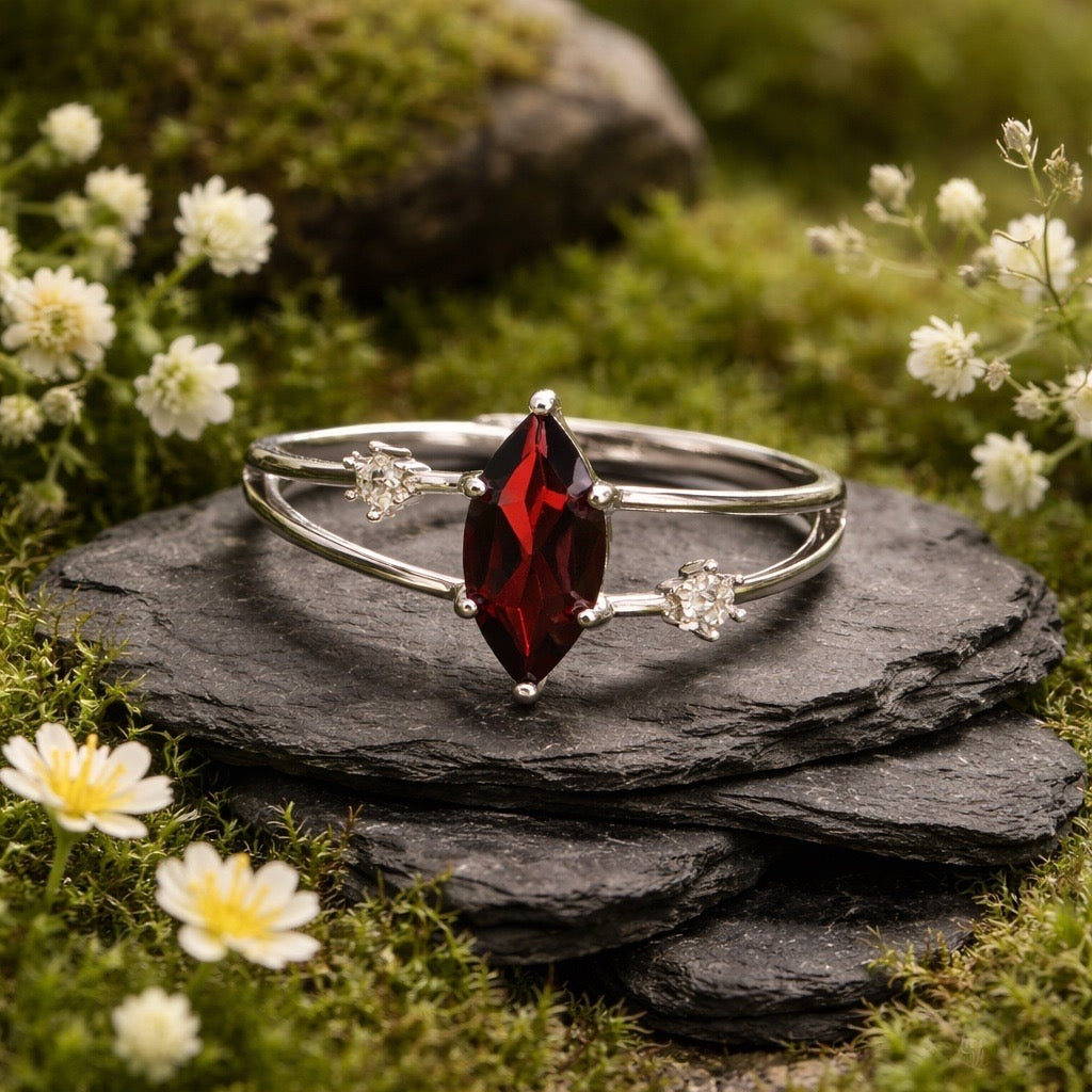 Double Banded Ring with Marquise Cut Garnet Gemstone & CZ Accents • 925 Sterling Silver • Adjustable • Gift Box