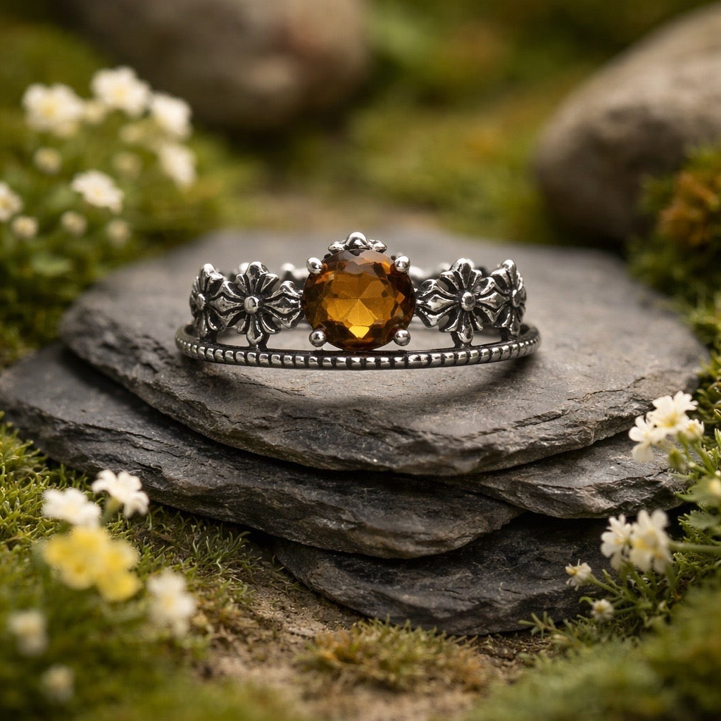Tiara Ring with Faceted Citrine Gemstone • 925 Sterling Silver • Adjustable • Gift Box