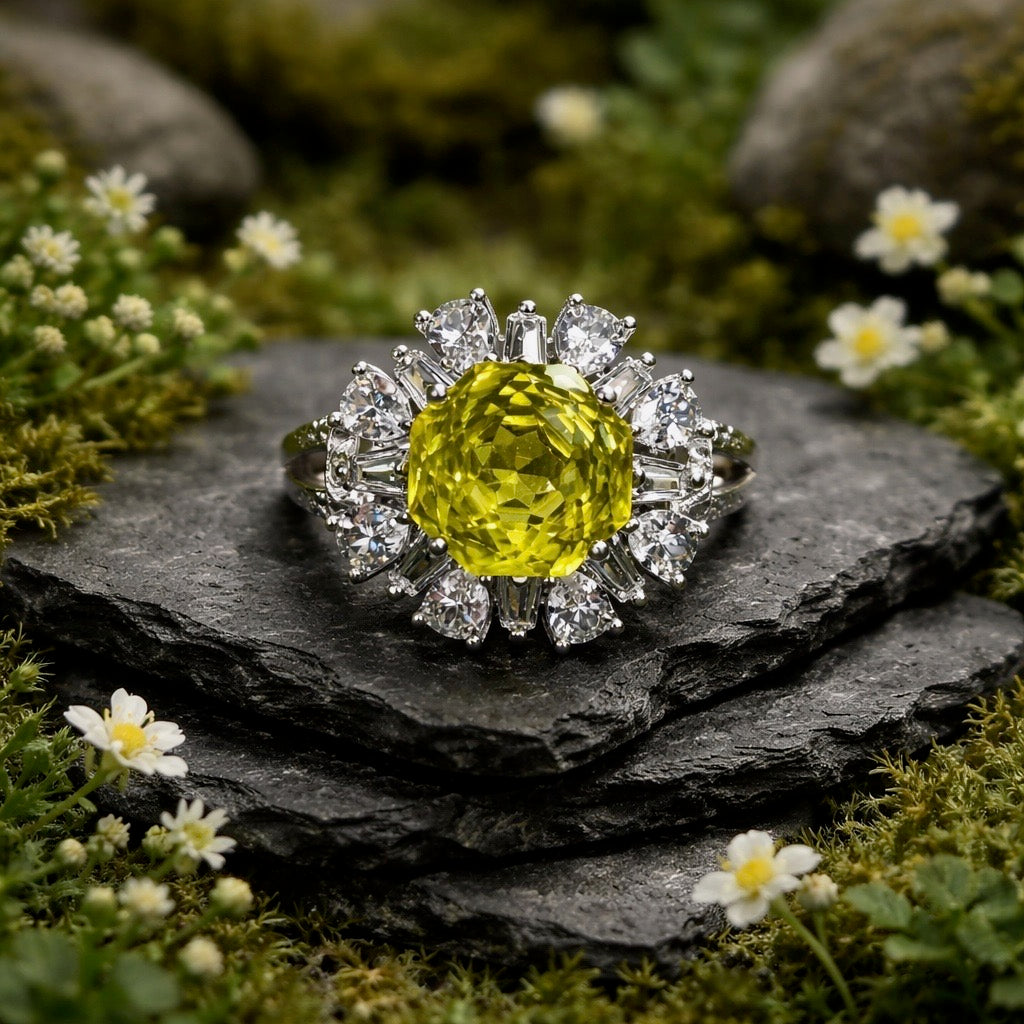 Crystal Daisy Ring with Rose Cut Lemon Citrine Gemstone & CZ Petals • 925 Sterling Silver • Adjustable • Gift Box