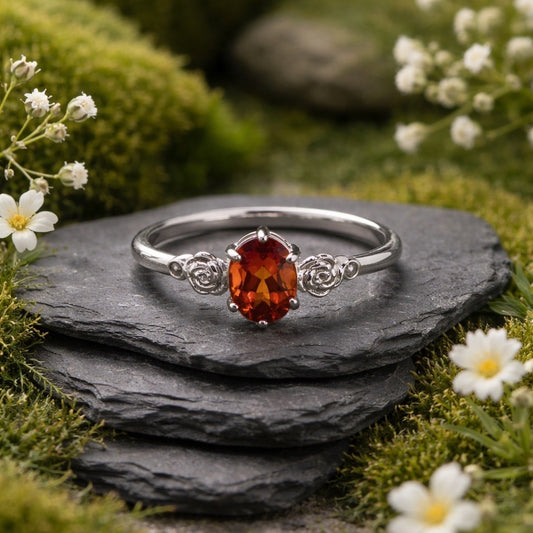 Floral Ring with Orange Citrine Gemstone • 925 Sterling Silver • Adjustable • Gift Box