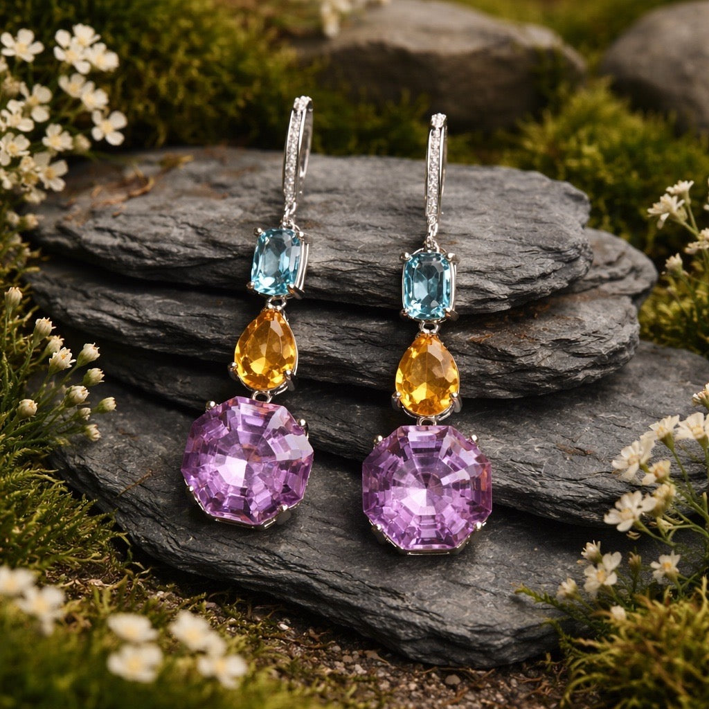 Gemstone Earrings with Amethyst, Citrine & Blue Topaz • 925 Sterling Silver • Gift Box