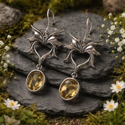 Gothic Bat Wing Earrings with Faceted Citrine Gemstone • 925 Sterling Silver • Gift Box