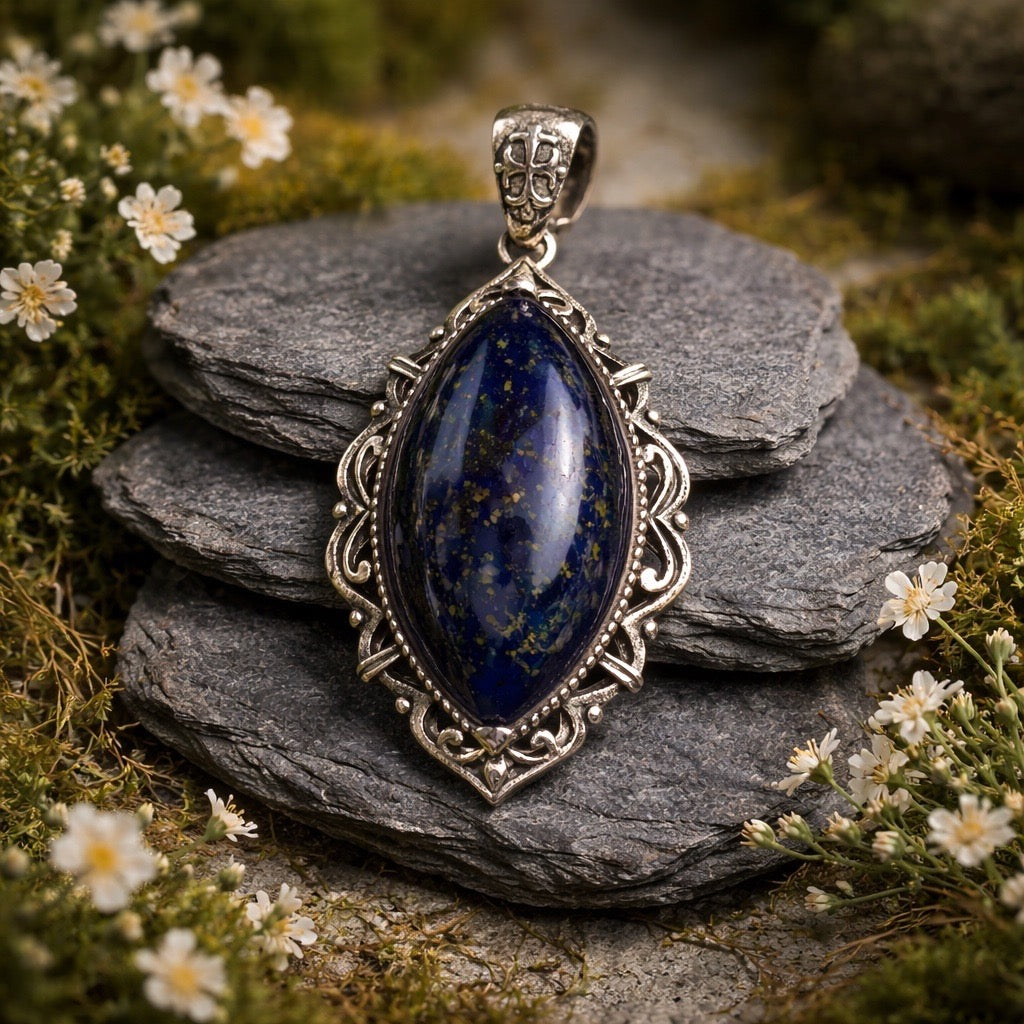 Lapis Lazuli Pendant • 925 Sterling Silver • Marquise Gemstone • Gift Box