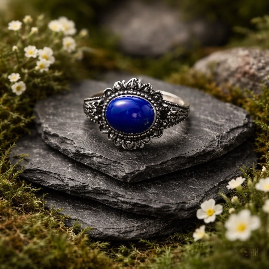 Unisex Lapis Lazuli Ring with Black Spinel Gemstone Accents • 925 Sterling Silver • Adjustable • Gift Box