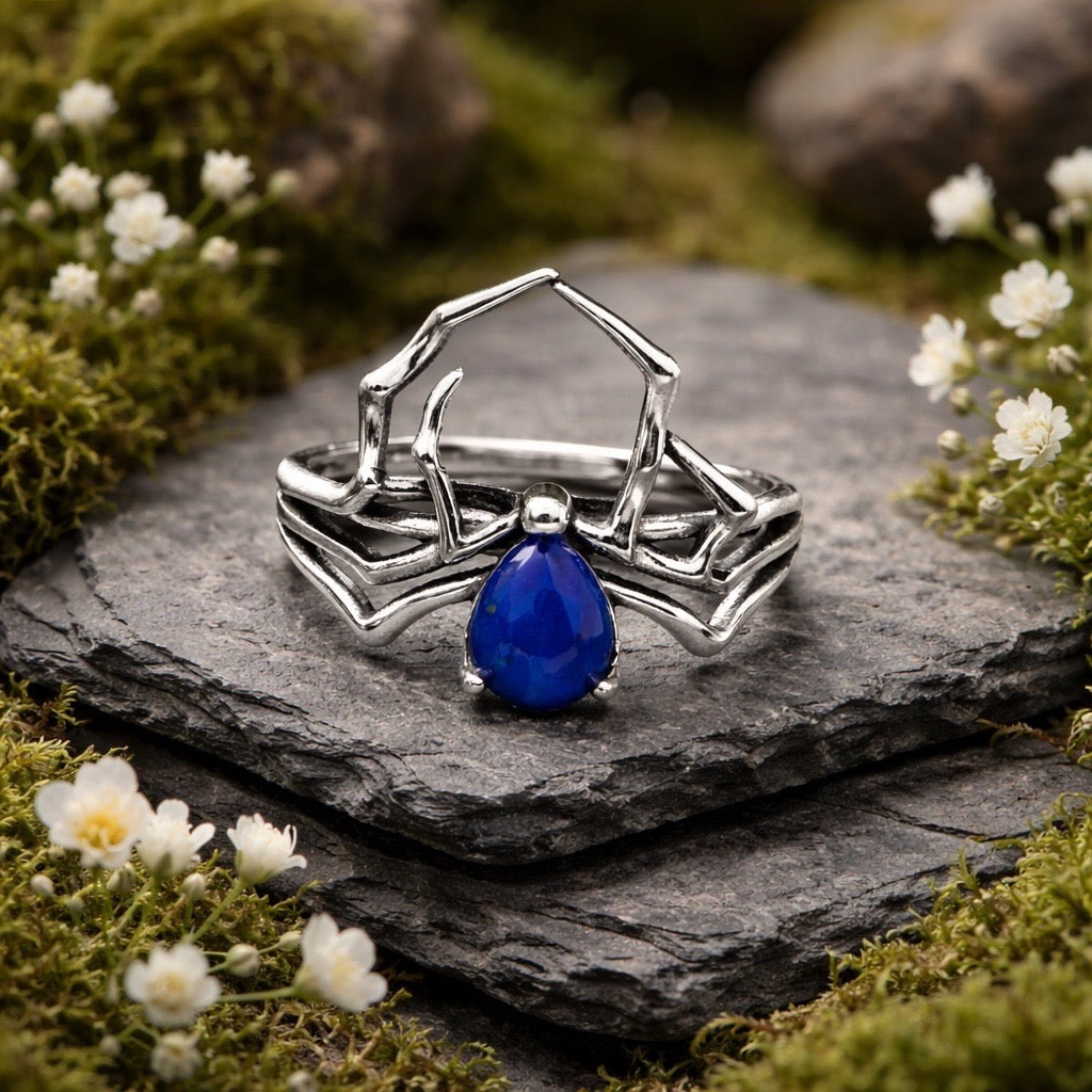 Spider Ring with Lapis Lazuli Gemstone • 925 Sterling Silver • Adjustable • Gift Box
