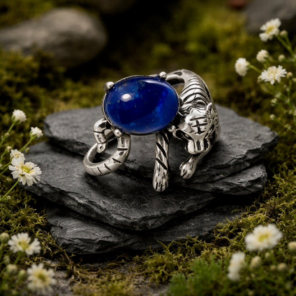 Tiger Ring with Lapis Lazuli Gemstone • 925 Sterling Silver • Adjustable • Gift box