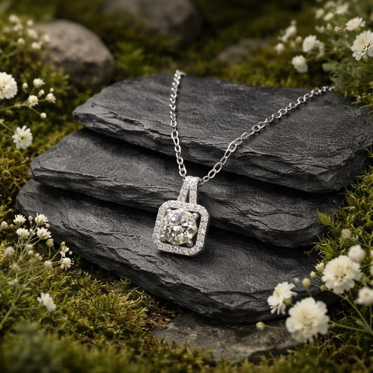 Square Moissanite Pendant with CZ Accents • 925 Sterling Silver • Gift Box