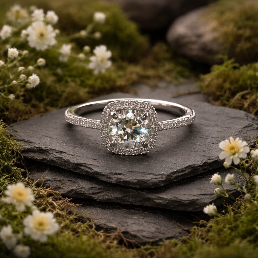 Square Moissanite Ring with CZ Accents • 925 Sterling Silver • Adjustable • Gift Box
