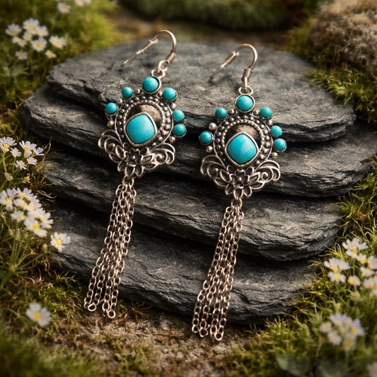 Ornate Dropper Earrings with Turquoise Gemstones • 925 Sterling Silver • Gift Box