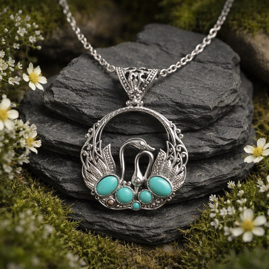 Stunning Swan Pendant with Natural Turquoise Gemstones • 925 Sterling Silver • Gift Box